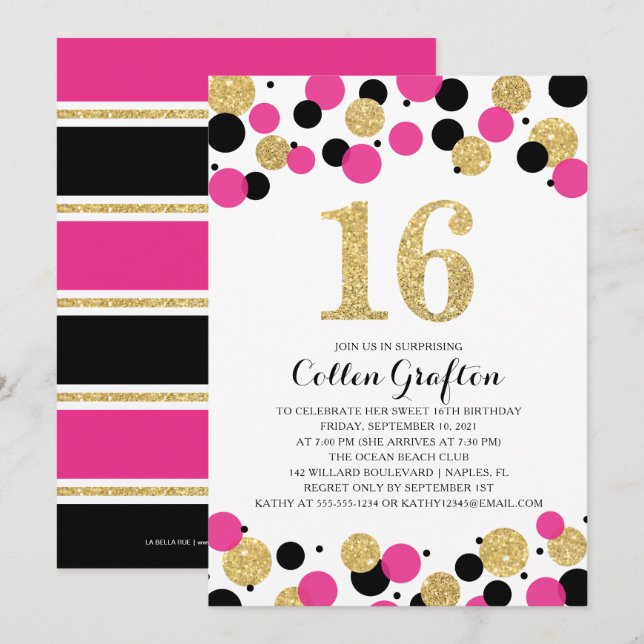 Invitation 16e anniversaire Noir Hot Pink Gold Parties scinti (Devant / Derrière)