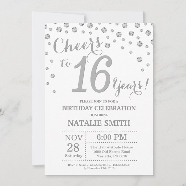 Invitation 16e anniversaire Parties scintillant d'argent Invi (Devant)