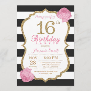 Invitation 16e anniversaire Pink Black Gold Floral