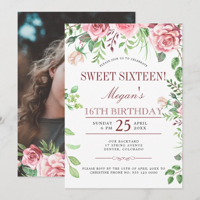 Invitation 16e anniversaire Pink Roses Sweet sixteen Fête PHO (Devant / Derrière)