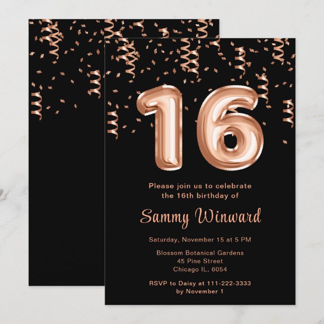 Invitation 16e anniversaire Rose Ballons d'or avec Confetti (Devant / Derrière)
