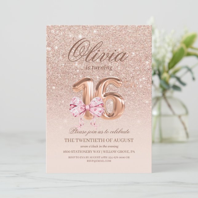 Invitation 16e anniversaire Rose rose or bow fête d'anniversa (Debout devant)
