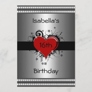 Invitation 16e Anniversaire Rouge Noir Floral Cœur Argent