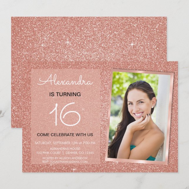 Invitation 16e anniversaire Sparkle Rose Gold Blush Pink Phot (Devant / Derrière)