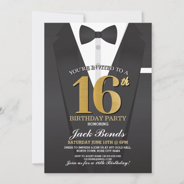 Invitation 16e anniversaire Spy Suit Black cravate Gold Tuxed (Devant)
