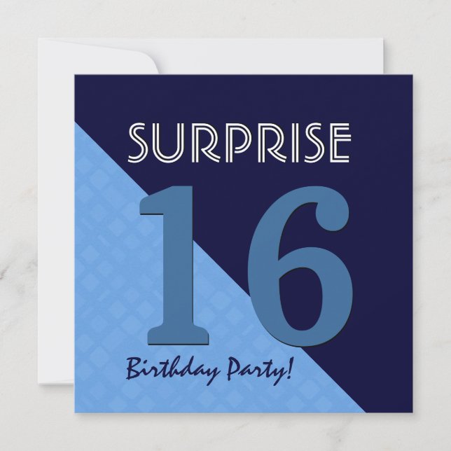Invitation 16e anniversaire surprise Bleu et minuit V06C3 (Devant)