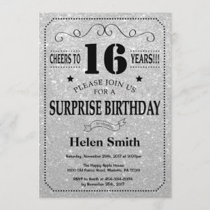 Invitation 16e anniversaire surprise Parties scintillant noir