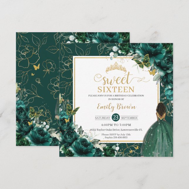 Invitation 16e anniversaire Sweet 16 Emerald Green Floral (Devant / Derrière)