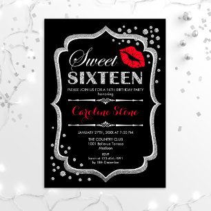 Invitation 16e anniversaire - Sweet sixteen Argent Noir Rouge