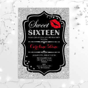 Invitation 16e anniversaire - Sweet sixteen Black Red Silver