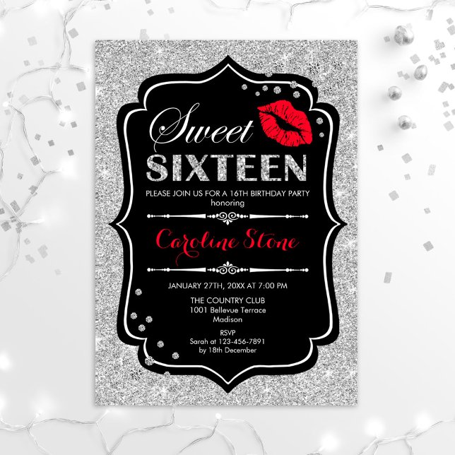 Invitation 16e anniversaire - Sweet sixteen Black Red Silver (Créateur téléchargé)