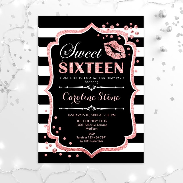 Invitation 16e anniversaire - Sweet sixteen Black Rose Gold (Créateur téléchargé)