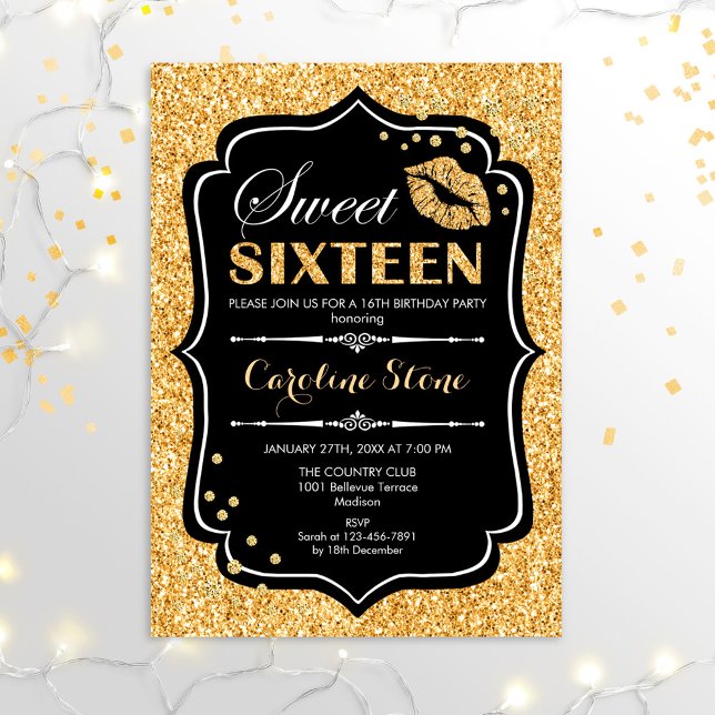 Invitation 16e anniversaire - Sweet sixteen Gold Black (Créateur téléchargé)