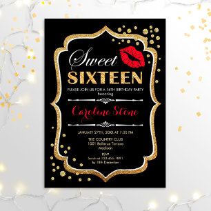 Invitation 16e anniversaire - Sweet sixteen Gold Noir Rouge