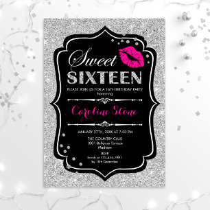 Invitation 16e anniversaire - Sweet sixteen noir rose argent