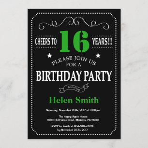 Invitation 16e anniversaire Tableau noir et vert