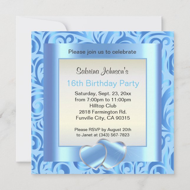 Invitation 16e anniversaire| Verr bleu, argent et blanc (Dos)