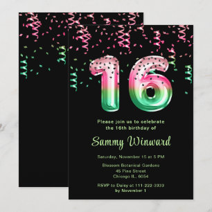 Invitation 16e anniversaire Watermelon Balloons avec Confetti
