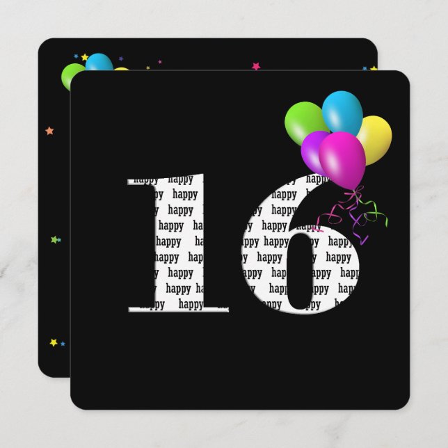Invitation 16e fête d'anniversaire avec bouquet de ballons (Devant / Derrière)
