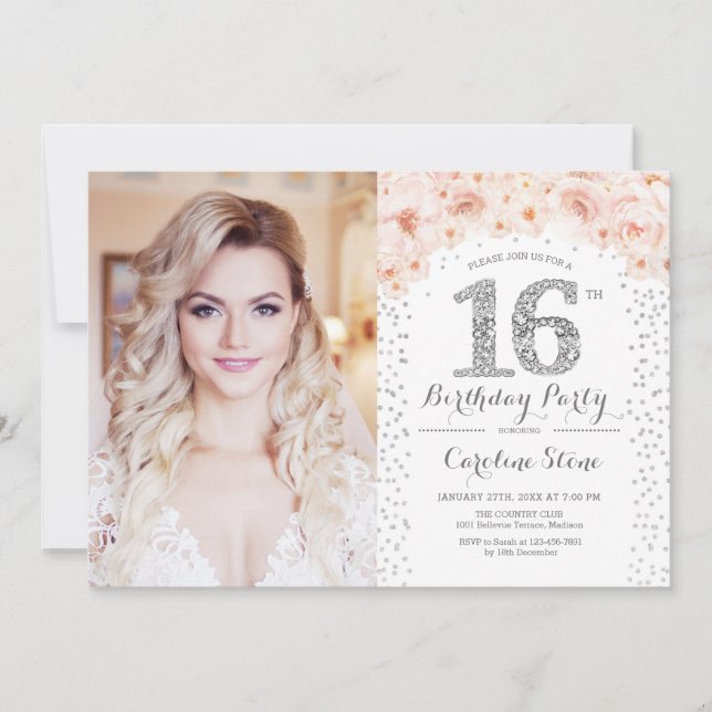 Invitation 16e fête d'anniversaire avec photo - Argent rose b (Devant)