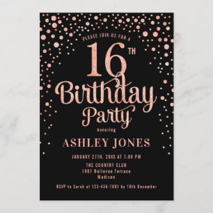 Invitation 16e fête d'anniversaire - Black & Rose Gold