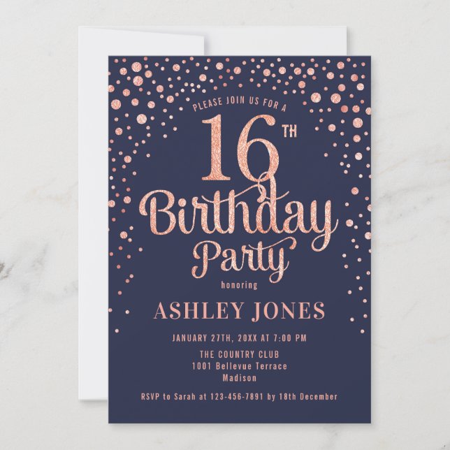 Invitation 16e fête d'anniversaire - Marine & Rose Gold (Devant)