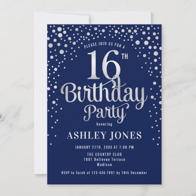 Invitation 16e fête d'anniversaire - Marine & Silver (Devant)