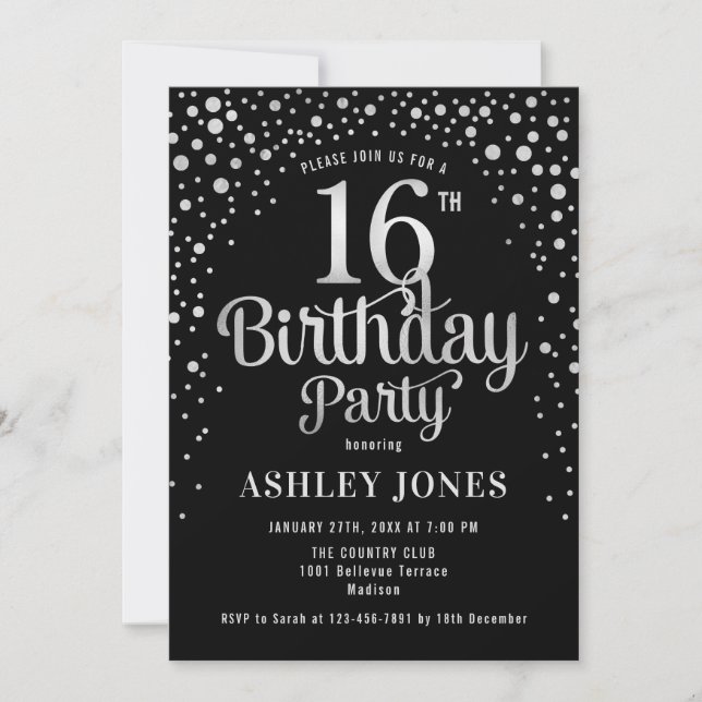 Invitation 16e fête d'anniversaire - Noir & Argent (Devant)