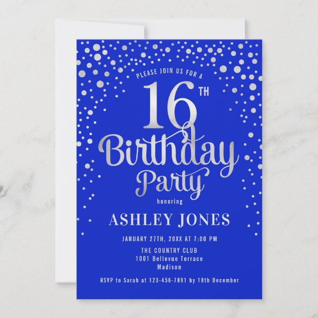 Invitation 16e fête d'anniversaire - Royal Blue & Silver (Devant)