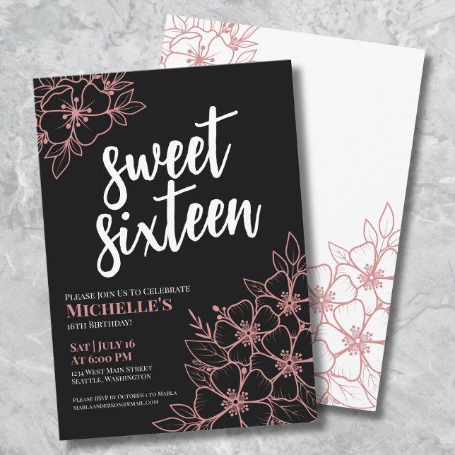 Invitation 16e Rose Gold Floral Sweet sixteen fête d'annivers (16th Rose Gold Floral Sweet Sixteen Birthday Party Invitation)