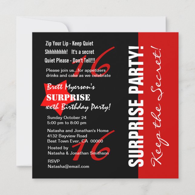 Invitation 16e SURPRISE Anniversaire Black Red White A08 Star (Devant)