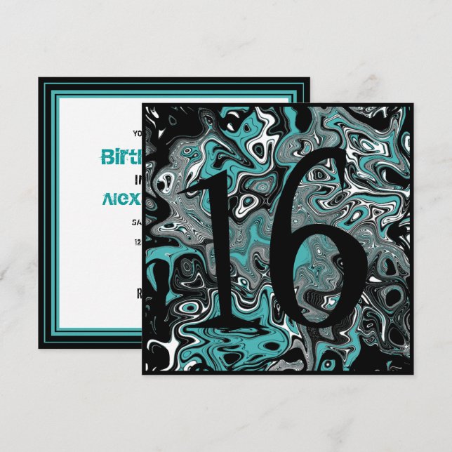 Invitation 16ème anniversaire de grunge turquoise et noire (Devant / Derrière)