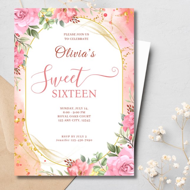 Invitation 16ème BlushPink Flowers Boho Élégante fête d'anniv (Créateur téléchargé)