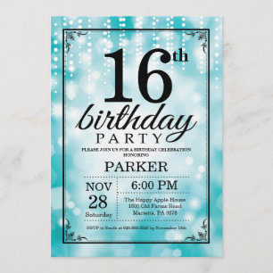 Invitation 16ème Parties scintillantes turquoises