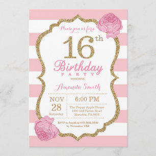Invitation 16ème Rose et or d'invitation d'anniversaire