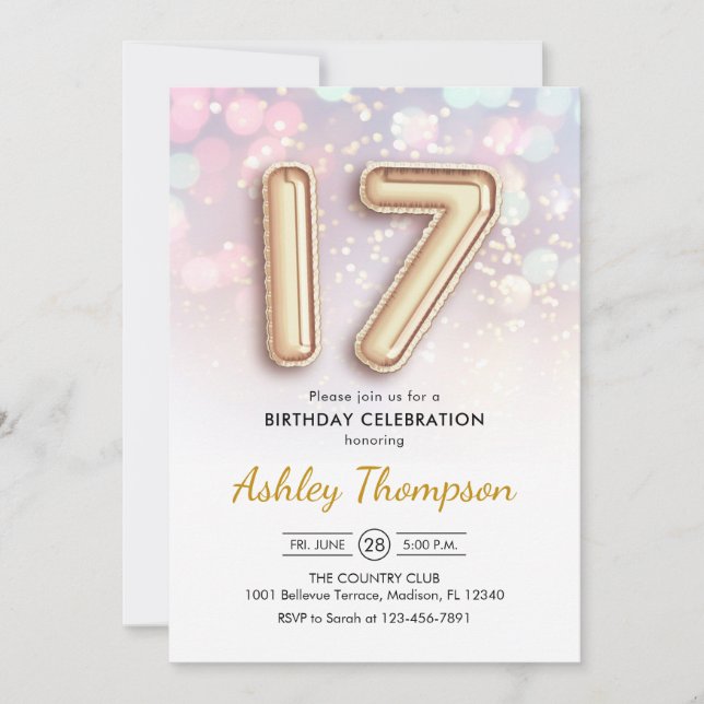 Invitation 17e anniversaire - Ballons d'or Lumières roses (Devant)