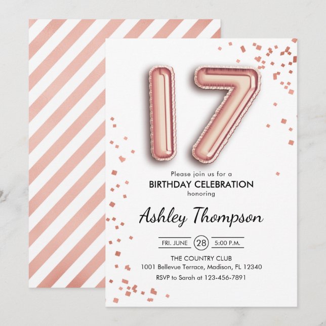 Invitation 17e anniversaire - Ballons d'or Rose (Devant / Derrière)