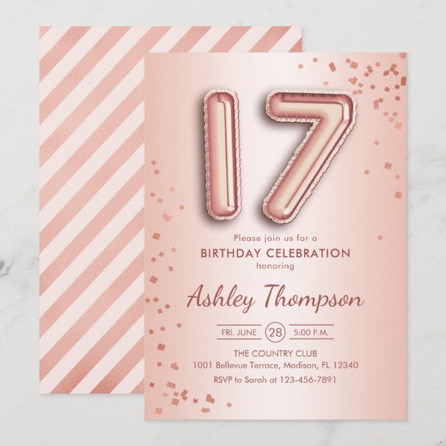Invitation 17e anniversaire - Ballons d'or Rose (Devant / Derrière)