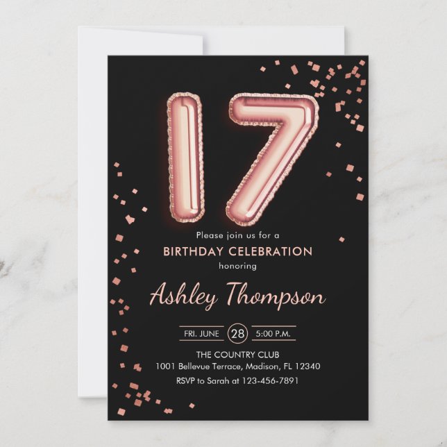 Invitation 17e anniversaire - Ballons Roses d'or noir (Devant)