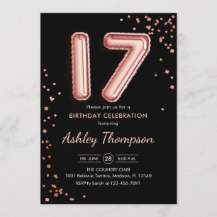 Invitation 17e anniversaire - Ballons Roses d'or noir