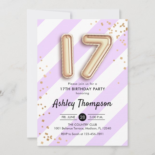 Invitation 17e anniversaire - Ballons violets et Ballons d'or (Devant)