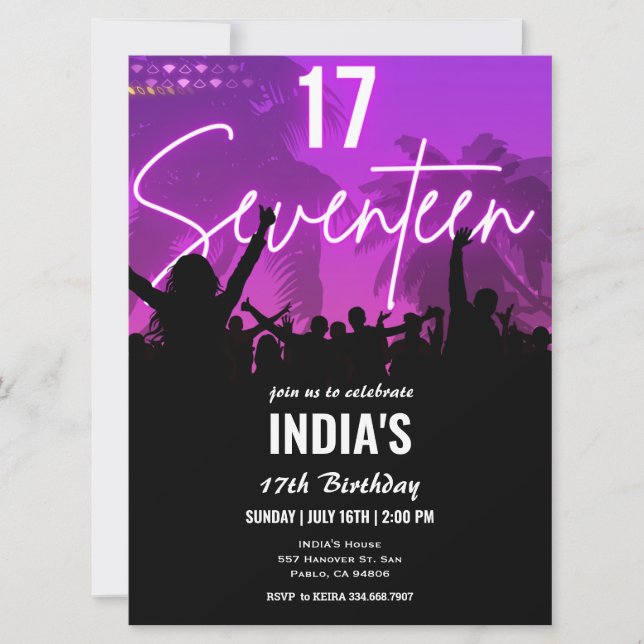 Invitation 17e anniversaire fête Pink Neon (Devant)