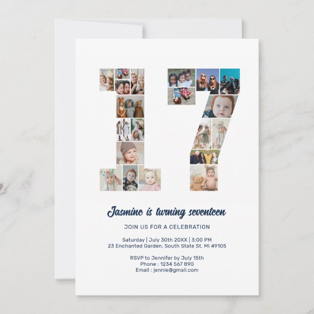 Invitation 17e anniversaire Numéro 17 Photo personnalisée Col (Devant)