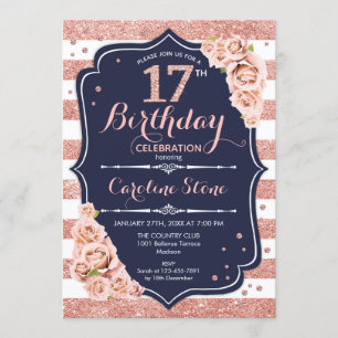Invitation 17e anniversaire - Rose de la marine Gold et White