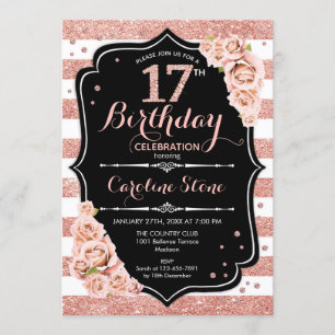 Invitation 17e anniversaire Rose noir Gold et Blancs