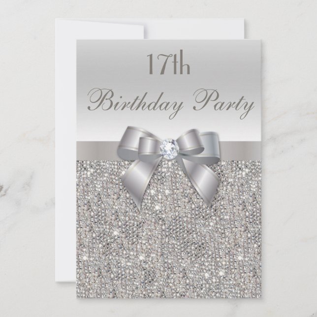 Invitation 17e Anniversaire Séquins d'argent, Bow & Diamond (Devant)