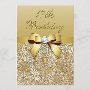 Invitation 17e anniversaire Séquins Gold Faux et Bow