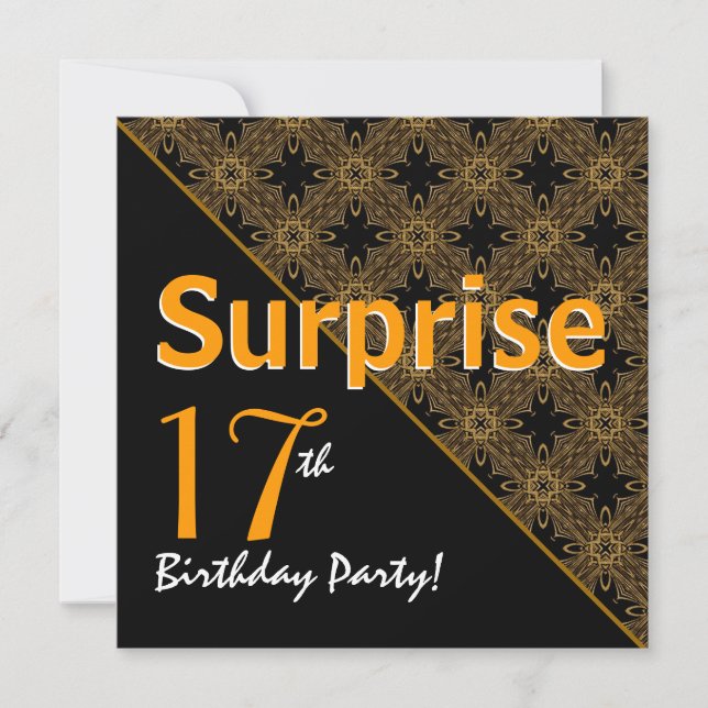 Invitation 17e anniversaire surprise Diagonal noir et or (Devant)