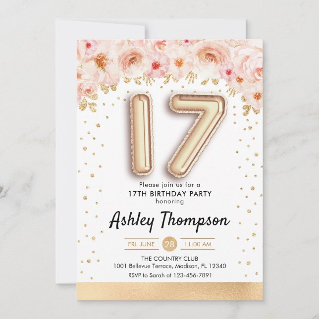 Invitation 17e fête d'anniversaire - Ballons d'or (Devant)