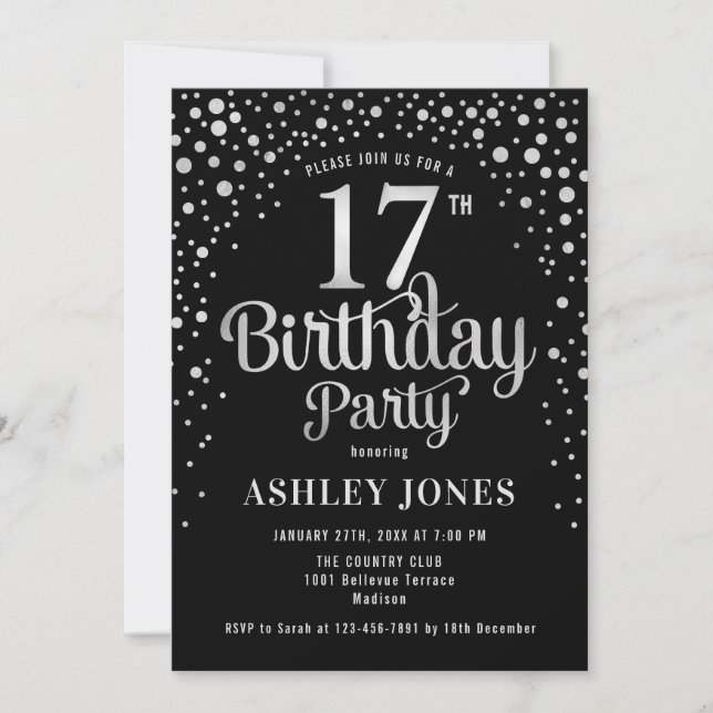 Invitation 17e fête d'anniversaire - Black & Silver (Devant)